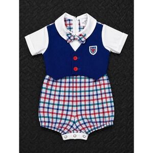 Michael James Baby Boy Romper Plaid Faux Vest Removable Bow Tie 6-9 Months